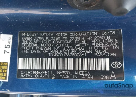 2008 Toyota Prius from USA, damaged, VIN JTDKB20U387802661